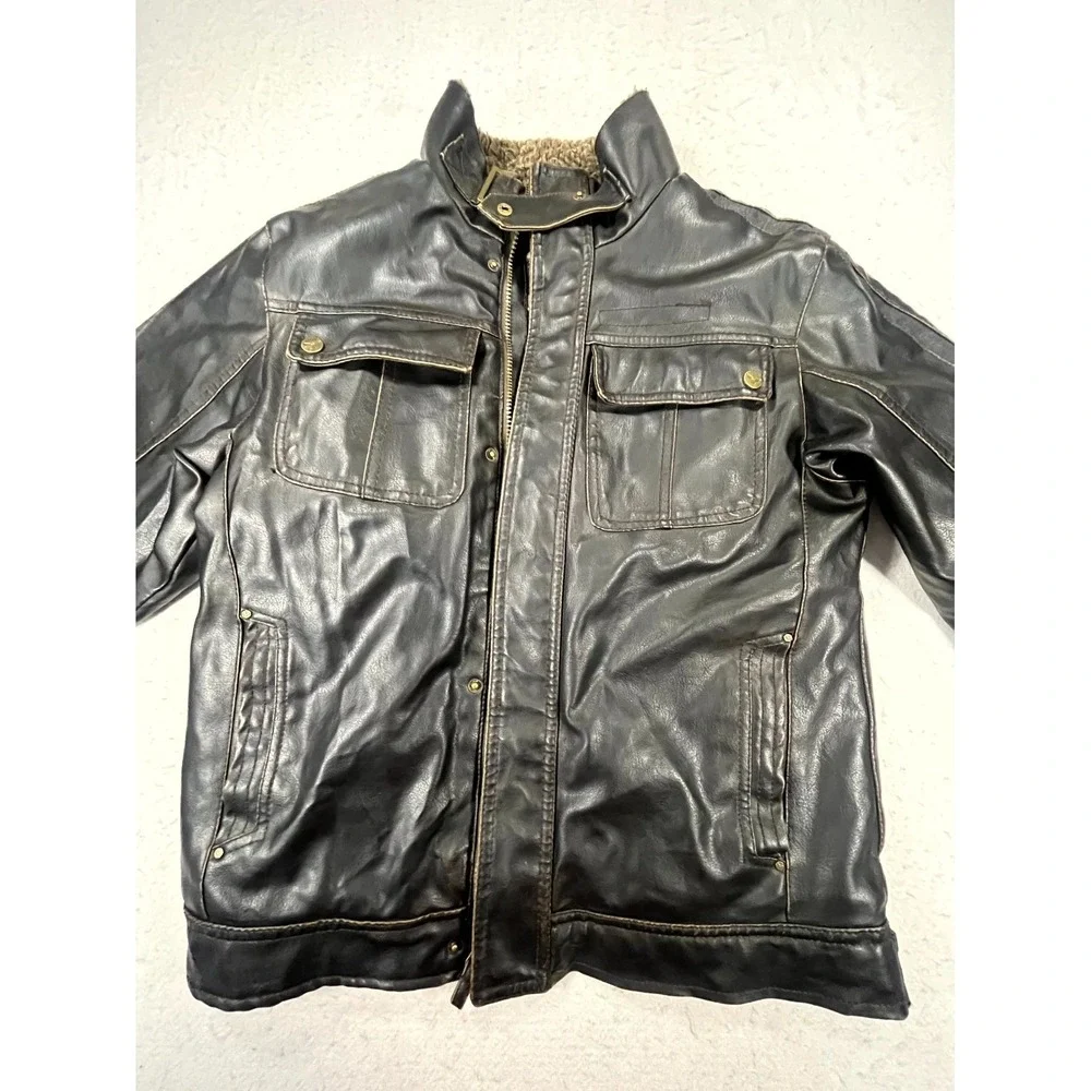 Hawke & Co Outfitter Faux Leather Jacket Youth 14/16 Brown Sherpa Lined Full Zip
